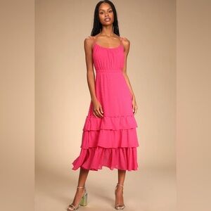 Lulus Tiers and Applause Hot Pink Swiss Dot Tie-Back Tiered Midi Dress Sz S
